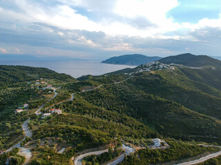 Aerial panoramic view over Alonissos island, Greece at sunset