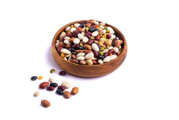 many dried multi-colored beans closeup, an assortment of various kidney beans and peas