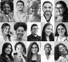 Black and white color portraits collage of people of different ethnicities, different ages and...