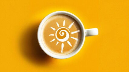 coffee cup with milk in the shape of a sun on orange background, seen from above