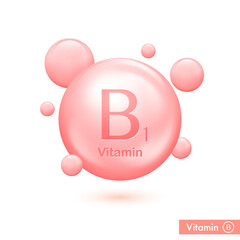 Vitamin B1 pill capsule icon . Vitamin complex bubbles for health care ads. Shining pink substance drop. Vector illustration
