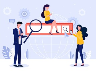 People search on internet. Men and women near search line, employees of analytical department collect information. Employees work with statistics, online system. Cartoon flat vector illustration