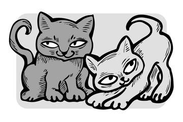 Cute cats friends sitting together. Decorative border, banner, postcard, poster print for kids room or birthday. Logo design for veterinary. Hand drawn illustration. Cartoon style character drawing.