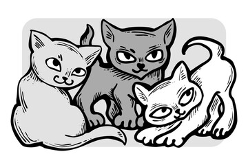 Obraz premium Cute cats friends sitting together. Decorative border, banner, postcard, poster print for kids room or birthday. Logo design for veterinary. Hand drawn illustration. Cartoon style character drawing.