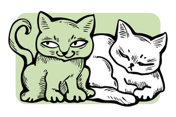 Fototapeta na wymiar Cute cats friends sitting together. Decorative border, banner, postcard, poster print for kids room or birthday. Logo design for veterinary. Hand drawn illustration. Cartoon style character drawing.