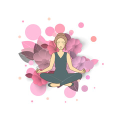 Fototapeta na wymiar Silhouette of a girl in flowers, meditation pose. Calmness, relaxation.