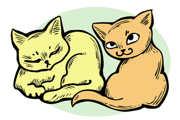 Fototapeta premium Cute cats friends sitting together. Decorative border, banner, postcard, poster print for kids room or birthday. Logo design for veterinary. Hand drawn illustration. Cartoon style character drawing.