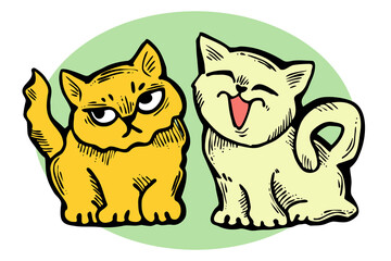 Cute cats friends sitting together. Decorative border, banner, postcard, poster print for kids room or birthday. Logo design for veterinary. Hand drawn illustration. Cartoon style character drawing.