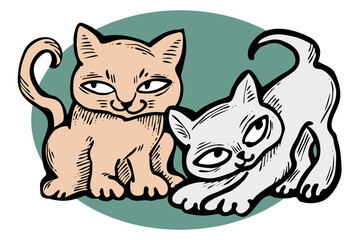 Cute cats friends sitting together. Decorative border, banner, postcard, poster print for kids room or birthday. Logo design for veterinary. Hand drawn illustration. Cartoon style character drawing.