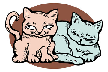 Cute cats friends sitting together. Decorative border, banner, postcard, poster print for kids room or birthday. Logo design for veterinary. Hand drawn illustration. Cartoon style character drawing.