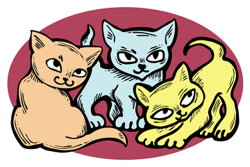 Cute cats friends sitting together. Decorative border, banner, postcard, poster print for kids room or birthday. Logo design for veterinary. Hand drawn illustration. Cartoon style character drawing.