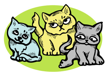 Cute cats friends sitting together. Decorative border, banner, postcard, poster print for kids room or birthday. Logo design for veterinary. Hand drawn illustration. Cartoon style character drawing.