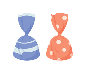 Candy sweets set. Truffle in red and blue packaging, social media stickers. Cute gifts for kids for winter holidays. Collection for tea, junk sugar food concept. Cartoon flat vector illustration