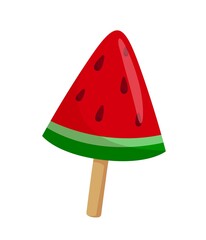 Watermelon lollipop icon. Symbol of summer and spring seasons. Unhealthy and junk but tasty sweet food. Sticker for social networks and website. Gift for children. Cartoon flat vector illustration