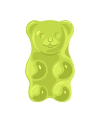 Green gummy bear. Delicious and tasty but junk and unhealthy food. Jelly characters, sweets. Dessert, gifts for children. Social media sticker, website icon. Cartoon flat vector illustration