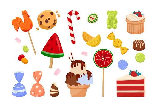 Set of sweets. Collection of sweets, cookies and cakes. Goods of confectionery shops. Lollipop, piece of pie and cake, sugar food. Cartoon flat vector illustrations isolated on white background
