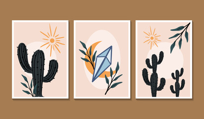 Fototapeta na wymiar Abstract contemporary aesthetic backgrounds landscapes set with desert, cactuses, sunrise, sunset. Earth tones, pastel colors. Boho wall decor. Mid century modern minimalist art print. Flat design.