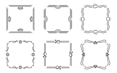 Weather themed frame dividers, cloud and rain, rainbow, sun, planets and stars, diamond and swirls set. Ornamental vintage frames, vintage square ornaments. Collection with simple thin black lines