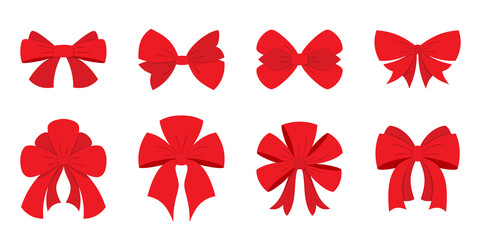Red bow holiday gift party ribbon xmas flat set. Decoration important event present sign attention. Different tie shape decor room product wedding holiday packaging element valentine love isolated