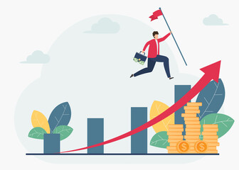 Successful businessman with briefcase and flag on top of growing up Arrow above. Business man or manager holding a success flag while jump to the success point on top. obstacles vector illustration.