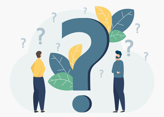 Illustration business team confusion and decision making, choosing options or choices, Uncertainty, problem solving, Solution, businessman team confusion with many question marks.