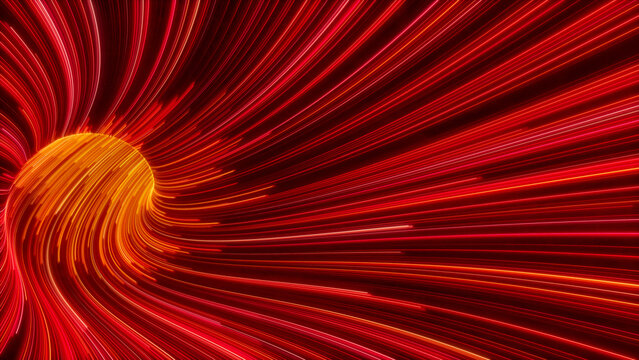 Red, Orange and White Colored Stripes form Wavy Swoosh Tunnel. 3D Render.