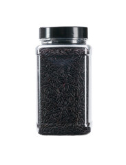 plastic jar with uncooked black rice isolated on white background.