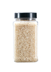 plastic jar with uncooked long rice basmati isolated on white background.