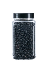 plastic jar with uncooked black beans isolated on white background.