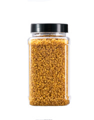 plastic jar with uncooked bulgur isolated on white background.