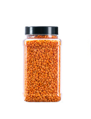 plastic jar with uncooked red lentils isolated on white background.