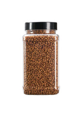 plastic jar with uncooked buckwheat isolated on white background.