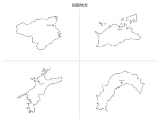 日本　白地図　四国地方（県庁所在地）