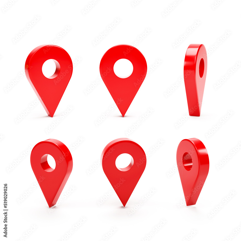 Aufkleber 3d rendering, 3d illustration. set of map pointer pin in various angles isolated on white background