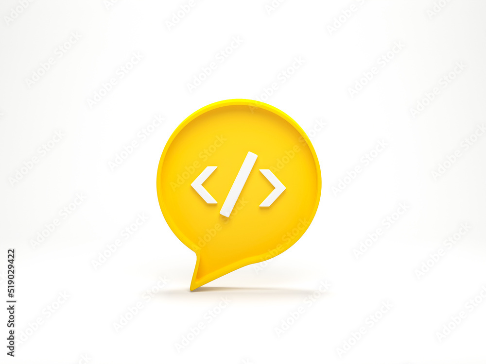 Poster 3d rendering, 3d illustration. code icon in speech bubble on white background. programming code prod