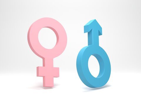 3D illustration, 3D rendering. Male and female gender symbol on white background. Minimal design element