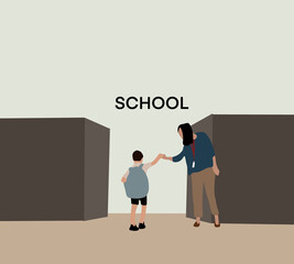 Boy with backpack greeting his teacher at school entrance door. Back to school concept. Vector illustration