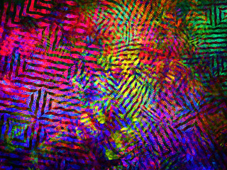Imagen de arte geométrico digital compuesta de rayas temblorosas negras rodeadas de colores vibrantes en un conjunto que muestra una estructura laberíntica deformada por el tiempo.
