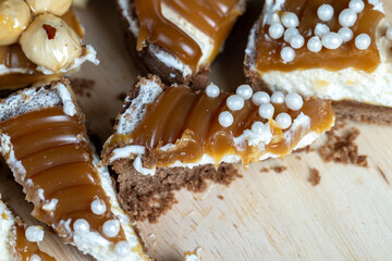 chocolate tartlet with cream filling and salted caramel with nuts