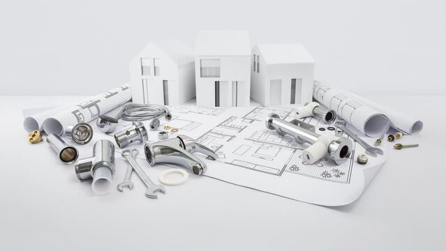 planning of house plumbing, components, equipment and plumber work tools on blueprint with model house, plumbing shop, technical assistance, supply and installation, heating and piping systems concept