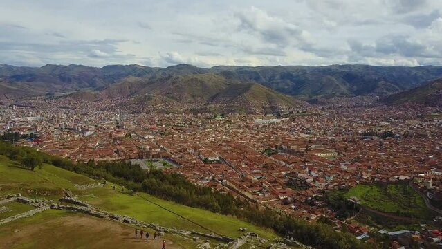 Aerial view of the city of Cuzco from the ruins of Sacsayhuaman in the hills, Peru, South America.