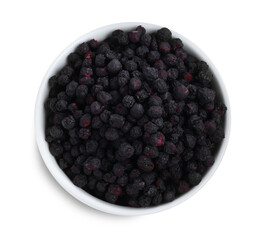 Freeze dried blueberries in bowl on white background, top view
