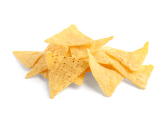 Tasty tortilla chips (nachos) on white background
