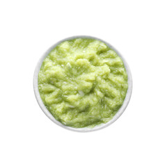 Delicious vegetable puree in bowl isolated on white, top view. Healthy food