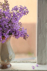 Beautiful lilac flowers in vase on window sill indoors