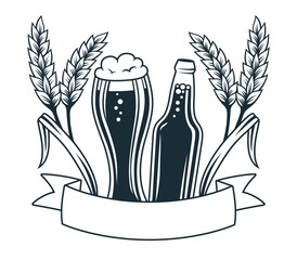 Beer festival Oktoberfest engraving design, Brewing company emblem. Monochrome stamp glass bottle, wheat ear, ribbon for text. Alcohol bar background template, brewing emblem, vintage label lager ale
