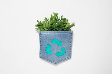 Twigs of green plant in jeans pocket with recycling symbol on white background, top view