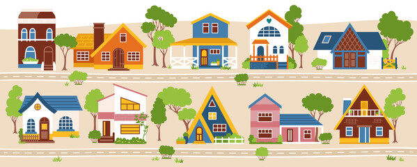 House front Scandinavian flat street. Various cartoon facade village or urban, small and tiny houses. Colorful modern or vintage cozy buildings. Residential homestead, cottage or villa facades