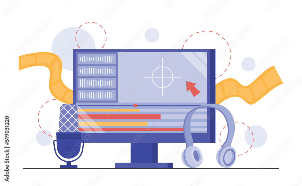 Poster creating motion graphic content. processing video file using special editor. sound recording and lis
