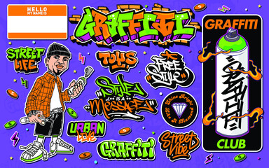 A set of colorful graffiti art sticker illustrations. Cool graffiti sticker for background, print, and textile. Street art urban theme © Themeaseven